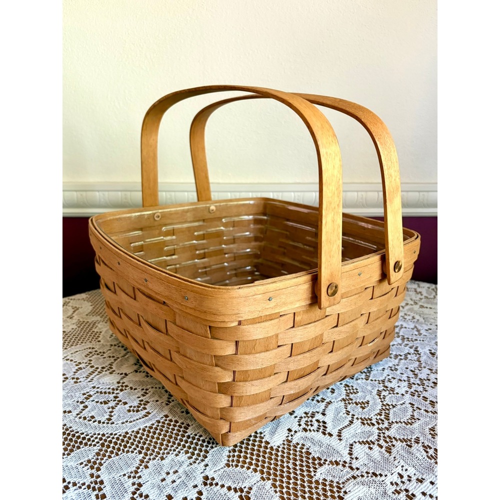Longaberger 1992 Handwoven Square Cake Basket Dual Handle Liner USA Made 12x12x6